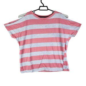 Women's Cherish Pink & Gray Striped Cold Shoulder Top Shirt Short Sleeve Size L